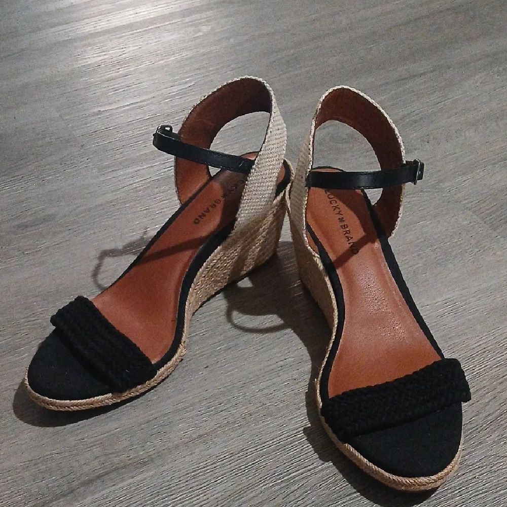 Lucky Brand Katereena Black Tan Women's Wedge Espadrille Sandals Sz 12 EUC